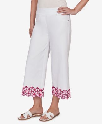 Petite Embroidered Hem Colored Denim Pull-On Crop Pants