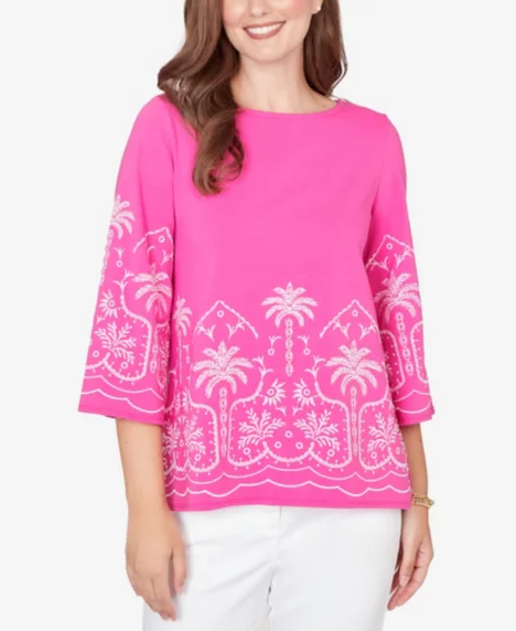 Petite Palm Tree Embroidered Knit Top - Fuchsia