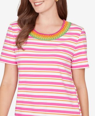 Petite Crochet Neck Stripe Knit T-Shirt