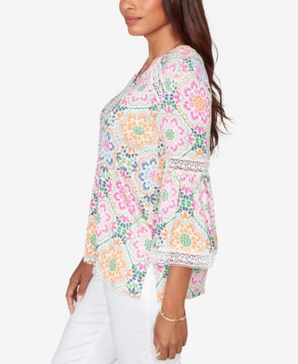 Petite Medallion Print Lace Detail Knit Top