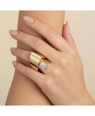 Modern 14k Gold Plated CZ Open Cuff Scroll Statement Ring