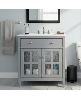 30" Bathroom Vanity with Sink, Modern Solid Wood Cabinet with Textured Glass Doors, Flip-Out Tray & Adjustable Shelf