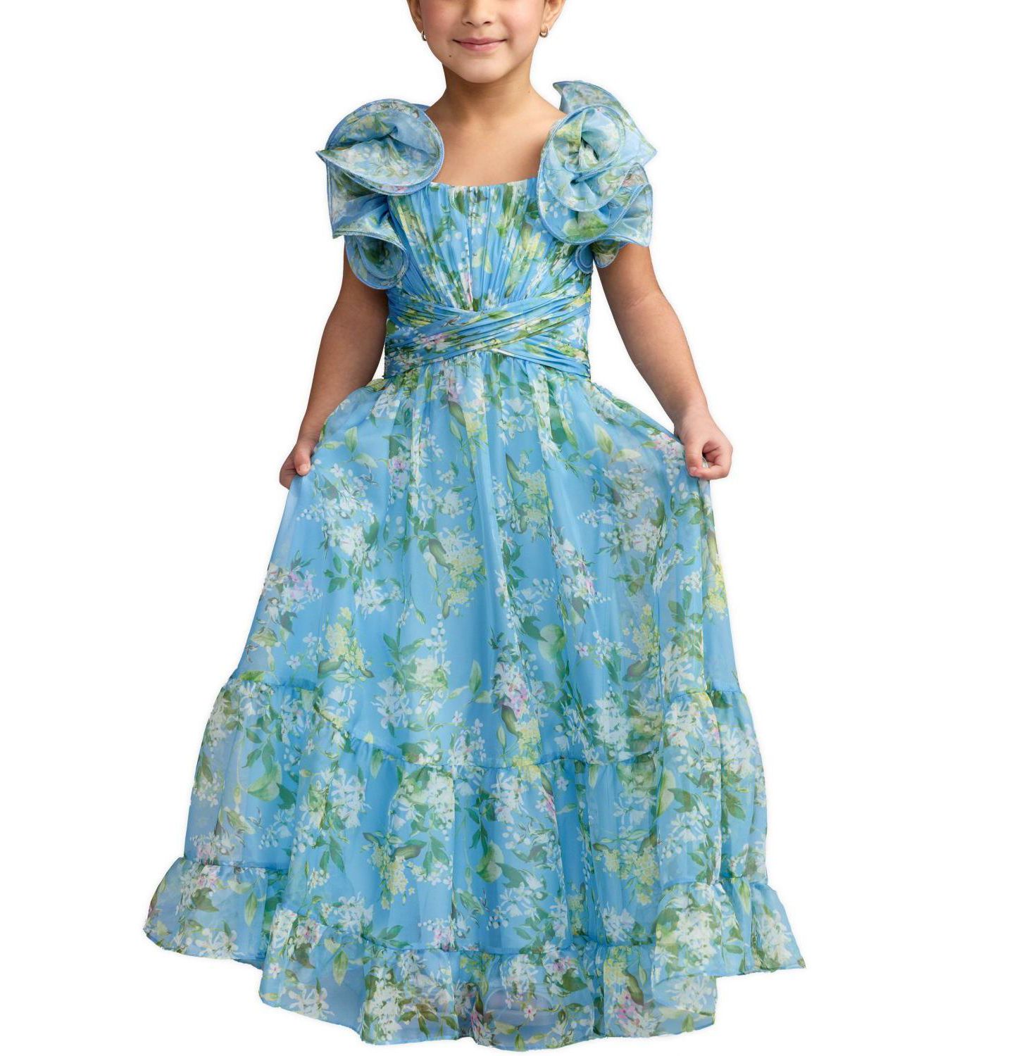 Платье Mac Duggal Children's Ruffle Shoulder Chiffon Gown для девочек, цвет: Синий разноцветный — фото 4