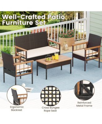 8 PCS Wicker Furniture Set with Acacia Wood Tabletop Armrests Cushions for Backyard