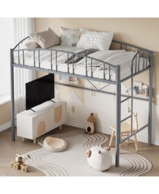 Twin Metal Loft Bed, Gray, Steel Frame, Arched Guardrails, Ladder, Space-Saving