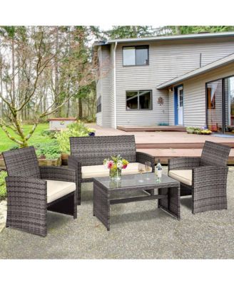 4PCS Patio Outdoor Rattan Furniture Set Chair Loveseat Table Cushioned