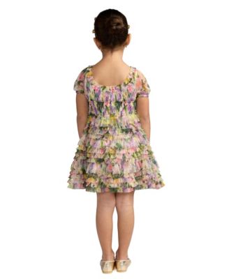 Little Girls Floral Scoop Neck Ruffle Dress