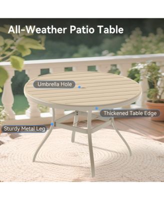 52.95" Round Outdoor Dining Table for 6–7 People, All-Weather Steel Patio Table with Umbrella Hole, Sandstone
