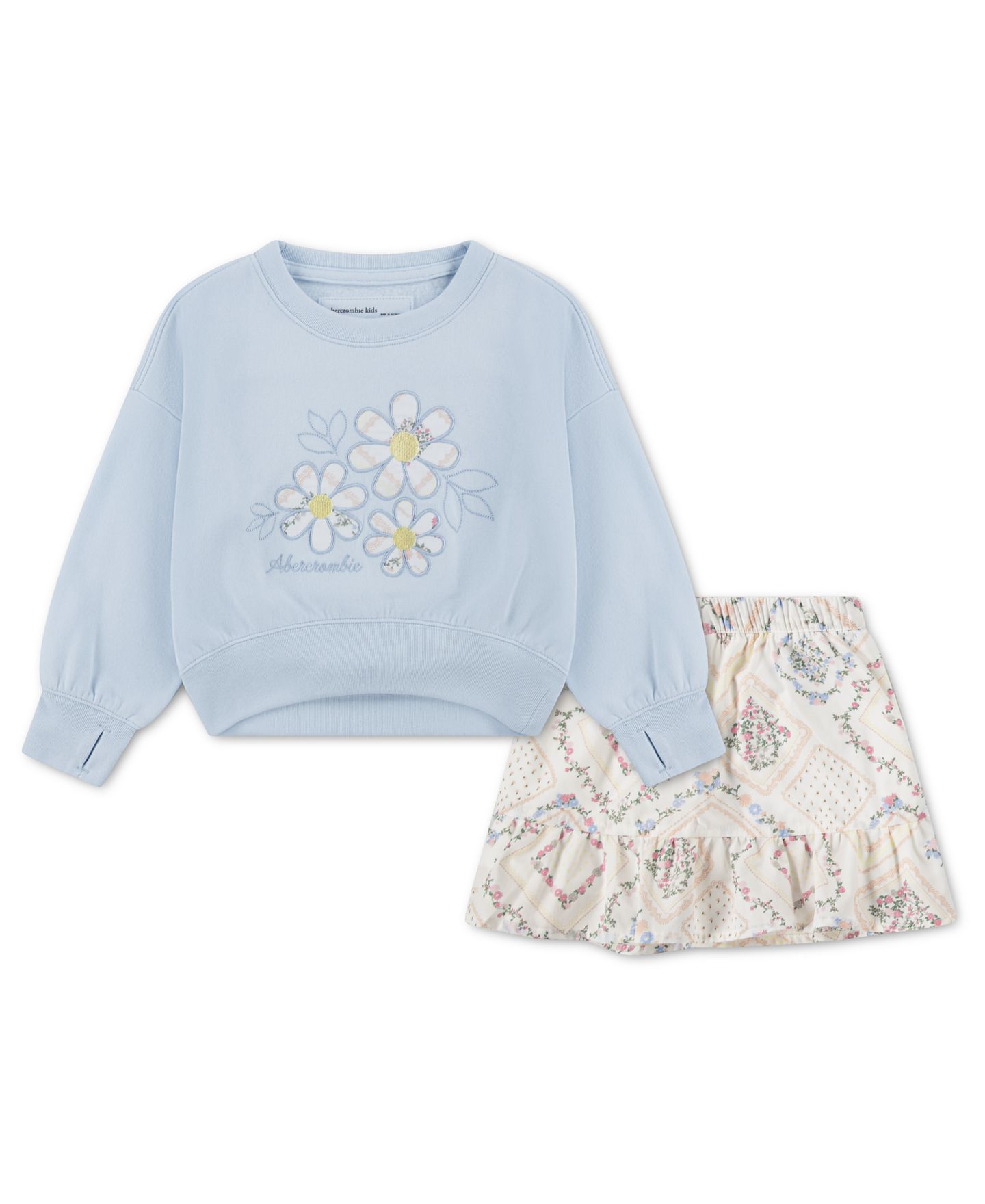 Детский комплект abercrombie kids: флисовый свитшот с цветком и юбка-шорты, 2T-5T, цвет: Синий / Кремовый — фото 1