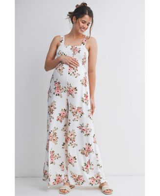 Maternity Floral Smocked Square Neck Wide Leg Jumpsuit with Pockets