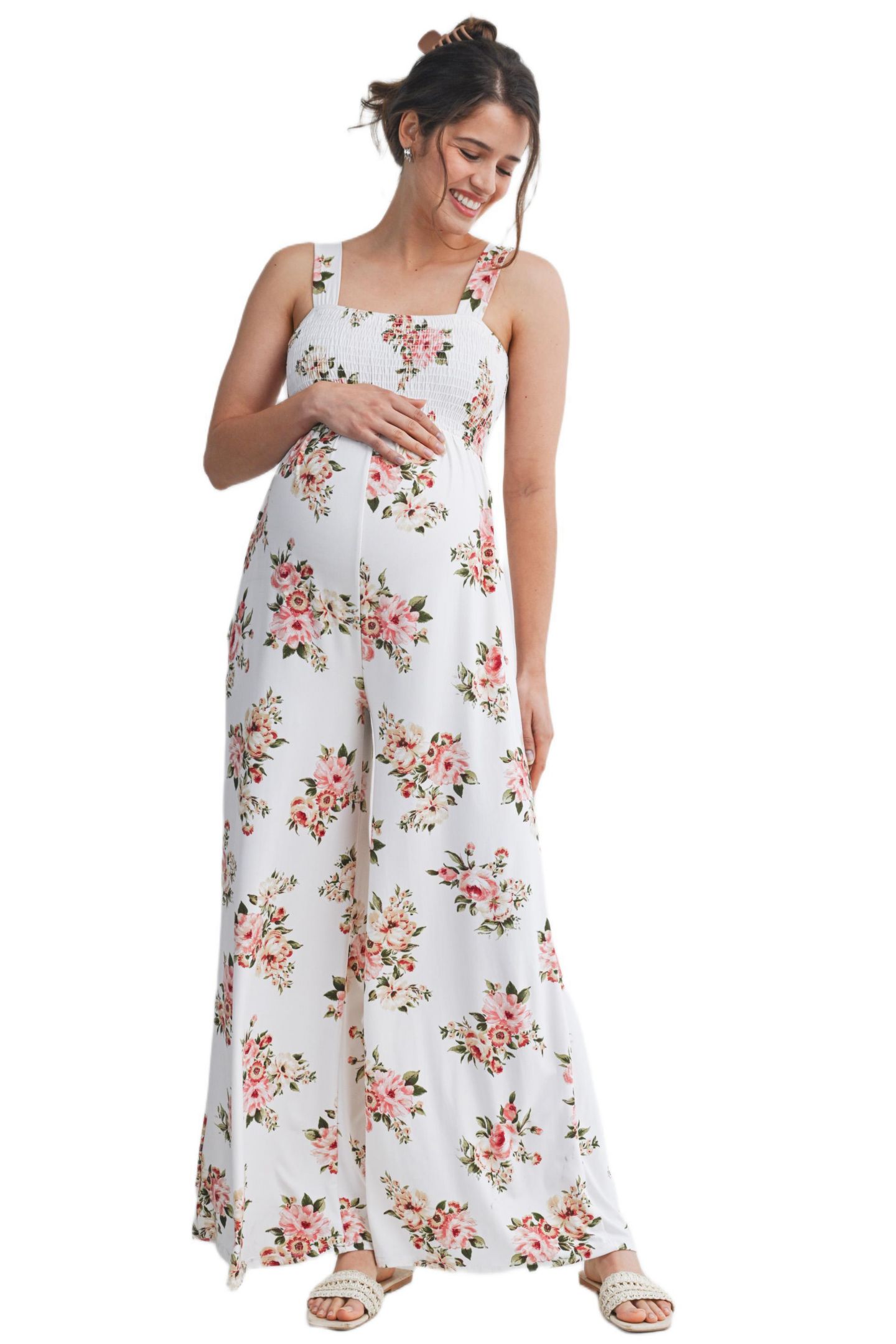 Женский комбинезон Hello Miz Maternity Floral Smocked Square Neck Wide Leg Jumpsuit with Pockets, цвет: Слоновая кость — фото 1