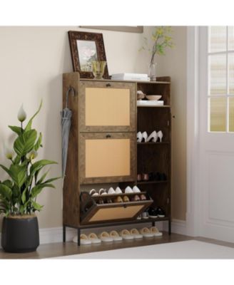Rattan Shoe Cabinet with 3 Flip Drawers Narrow Entryway Shoe Organizer Adjustable Shelves Safety Fenc