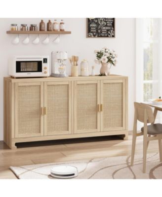 60 in Farmhouse Rattan Buffet Cabinet - 4-Door Woven Storage Sideboard with Adjustable Shelves