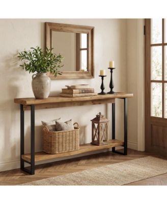 Solid Wood Live-Edge Console Table for Entryway, Farmhouse 63-Inch Narrow Long Sofa Table Behind Couch