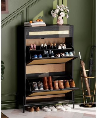 Farmhouse Rattan Shoe Cabinet 3-Tier Slim Wooden Shoe Rack with 3 Drawers and Adjustable Shelves