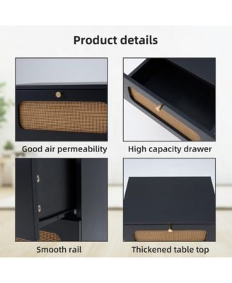 2-Drawers Rattan Nightstand, Handwoven Bedside Table End Table with Solid Wood Legs for Bedroom and Living Room