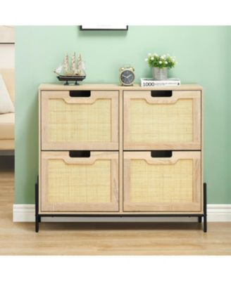 Freestanding Shoe Cabinet with 4 Flip Rattan Doors Adjustable Shelves Entryway Hallway Narrow Storage Oak