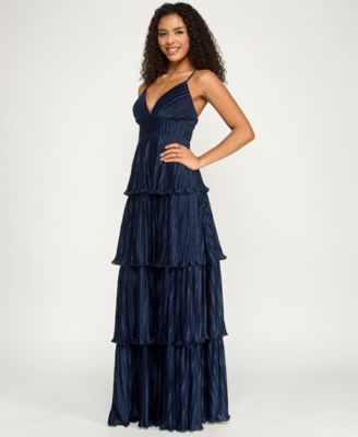 Juniors' V-Neck Ruffle-Tiered Sleeveless Gown