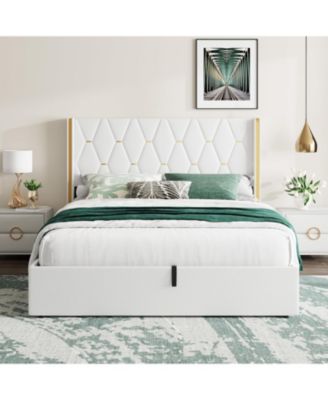 Lift Up Storage Bed Frame with with Gold Wingback Headboard, Velvet Upholstered Bed Frame with Diamond Tufted Design & Gold