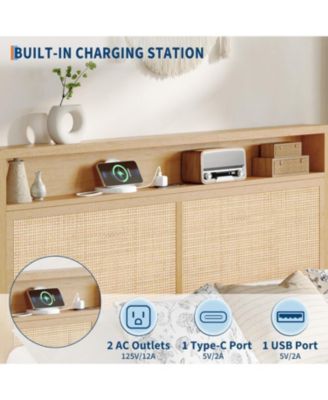 Rattan Bed Frame with RGB LED Lights, Boho Style, Storage Headboard & Charging Station