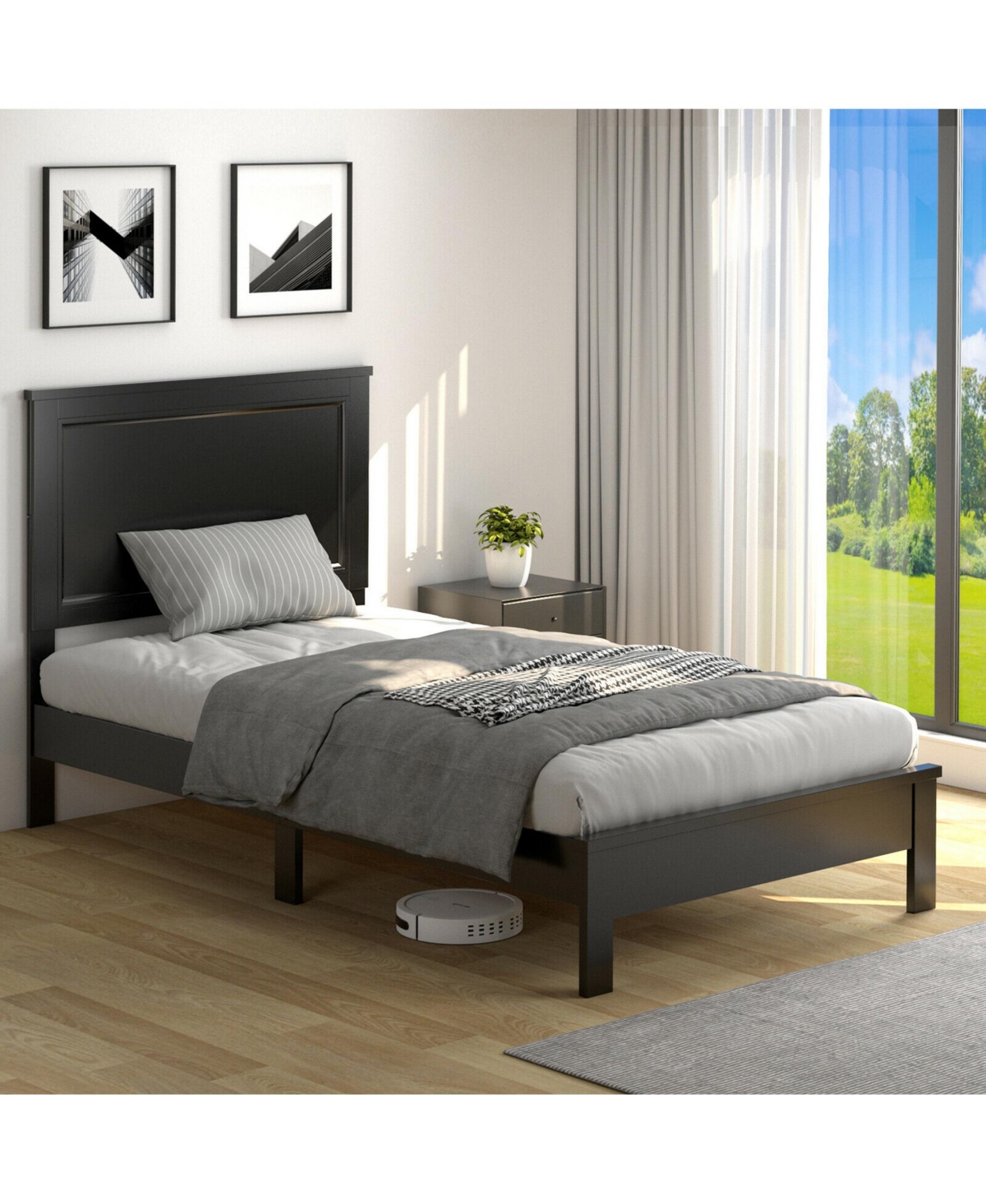 Gymax Size Bed Frame Platform Slat High Headboard Bedroom Rubber Wood Leg