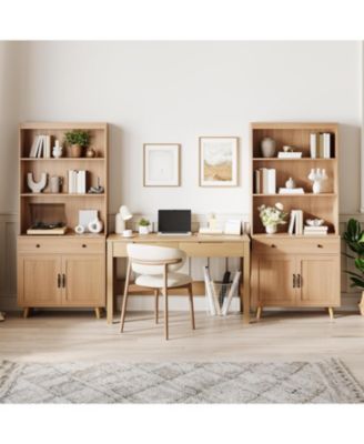 Tall Bookshelf with Storage Cabinet, Wood Bookcase with 4 Doors and 2 Drawer & Open Shelves, Freestanding Display Bookshelves for Home Office