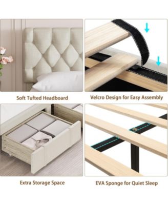 Queen Upholstered Platform Bed Frame with Storage Drawers Solid Wood Slats No Box Spring Needed
