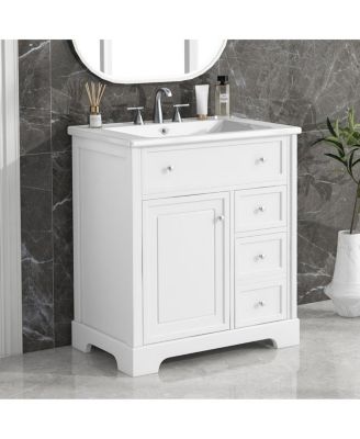Bathroom Vanity with Ceramic Sink, Solid Wood Frame, 2 Drawers & Soft Close Cabinet, Ample Storage