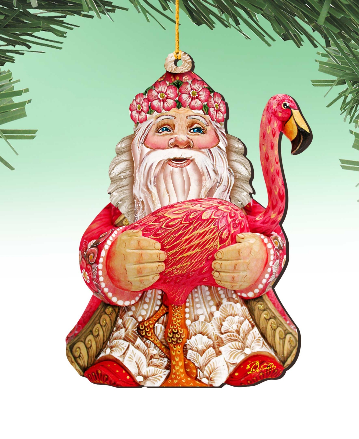 Designocracy Flamingo Santa Wooden Christmas Ornament Set of 2