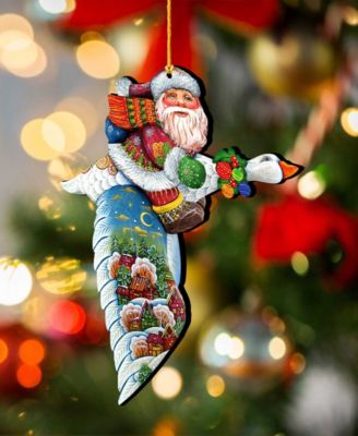 Goose Traveling Santa Wooden Christmas Ornament, Set of 2