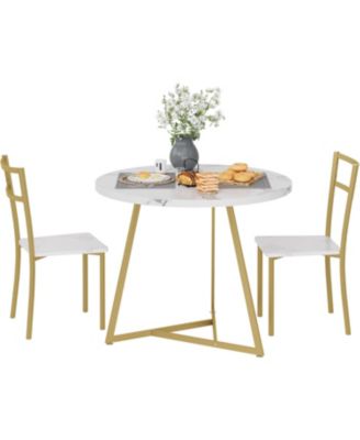 3-Piece Round Dining Set for 2, Table with Cushioned Chairs, Gold White
