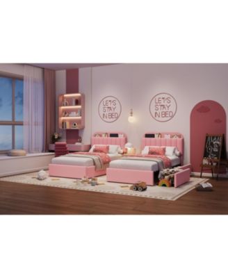 Twin Bed Frame Storage Headboard 2 Drawers Kids Upholstered Platform Bookcase Wood Slats No Box Spring