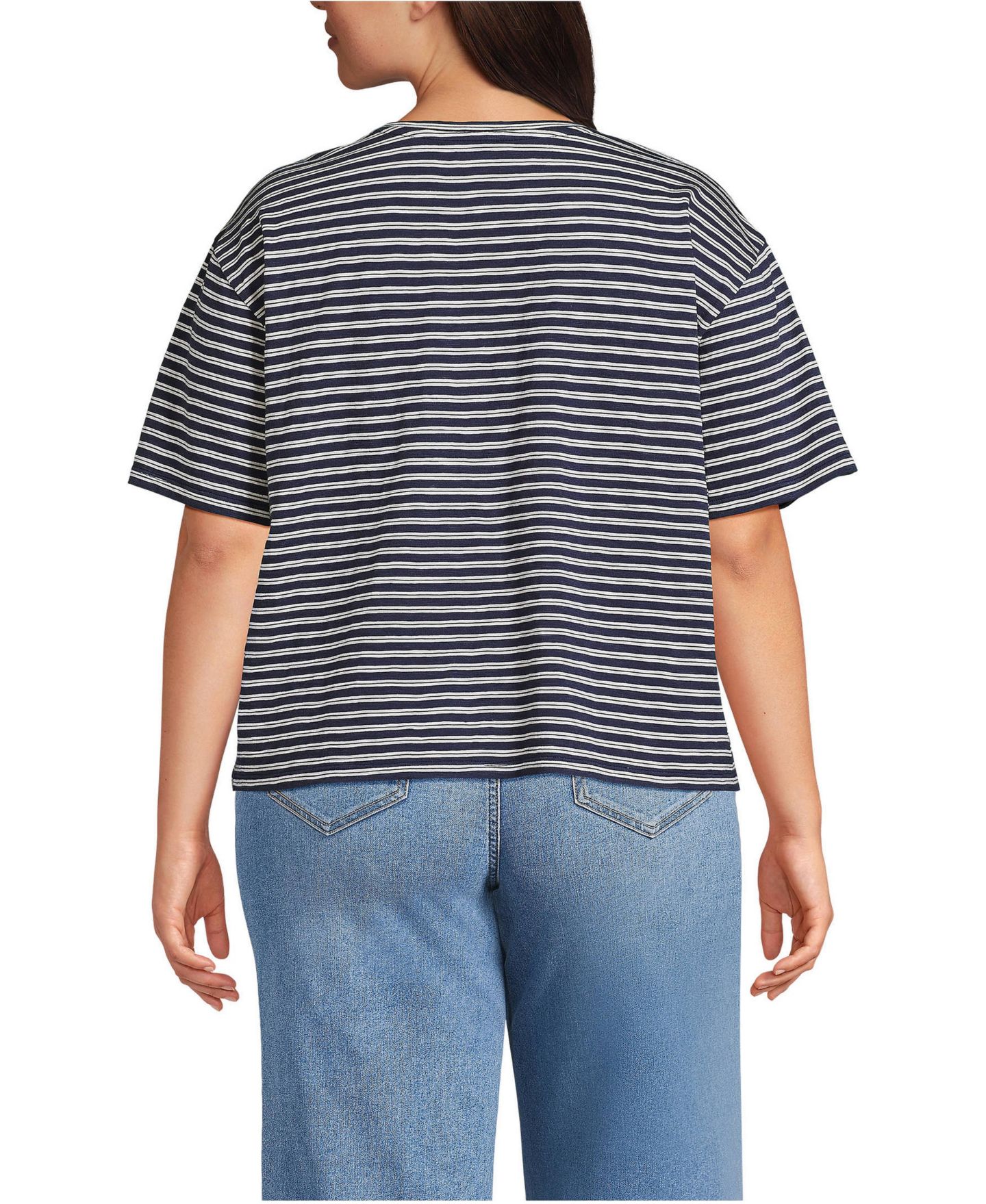 Женская футболка Lands' End Plus Size Short Sleeve Slub Jersey, цвет: Тёмно-синий / Слоновая кость латте полосатый — фото 2
