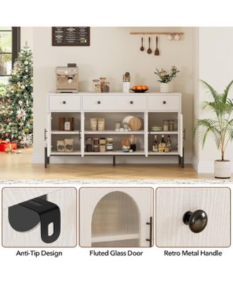 62 Inch Modern Sideboard Cabinet with 3 Drawers and 3 Glass Doors Anti Tip Safety