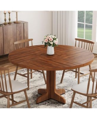 Round Dining Table – Modern Farmhouse, Wooden Base, Ideal for Kitchen, Living Room