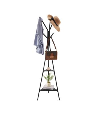 Freestanding Coat Rack - Coat Hanger Stand, Hall Tree with 2 Shelves and 6 Hooks for Bedroom, Living Room