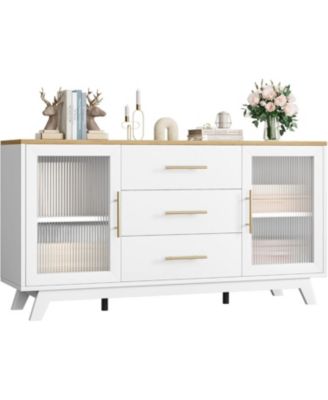 56 Inch Modern Sideboard Buffet Cabinet with 3 Drawers Adjustable Shelves and Fluted Glass Doors in Wood Top