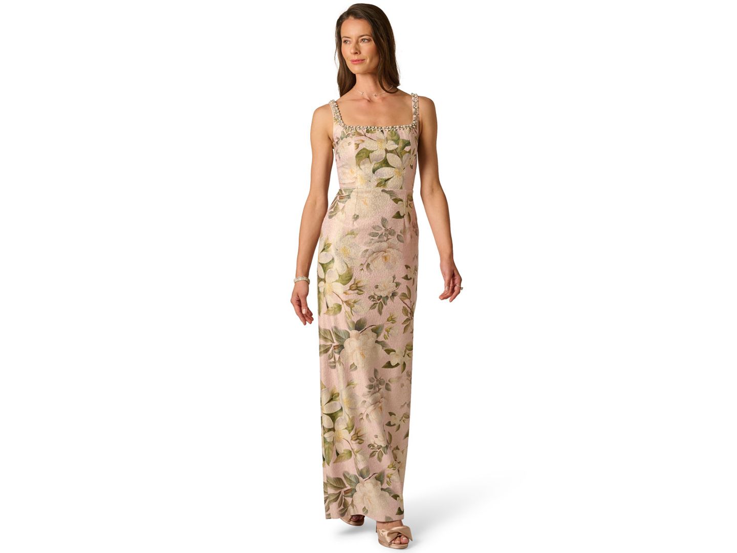 Женское платье Adrianna Papell Printed Jacquard Bead Square Neck Column, цвет: Пудровый разноцветный — фото 1