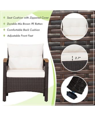 3PCS Patio Rattan Furniture Set Wooden Armrest Table Top Cushioned Deck