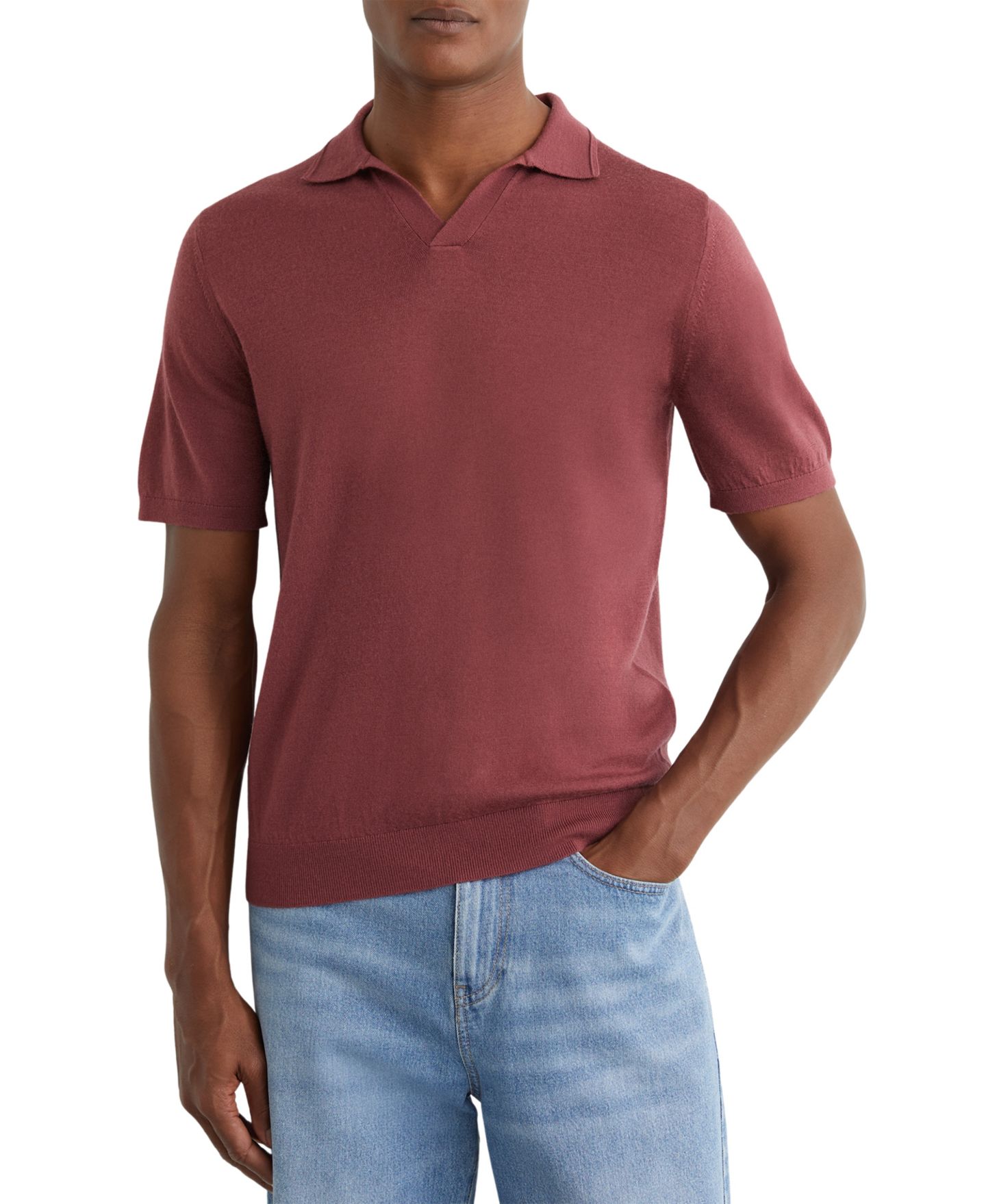 Мужское поло REISS Duchie Merino Wool Open Collar Polo Shirt, цвет: Малиновый — фото 1