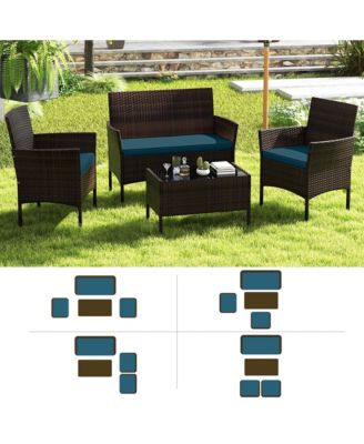 4 Pc. Patio Furniture Set with Washable Cushions and Tempered Glass Coffee Table