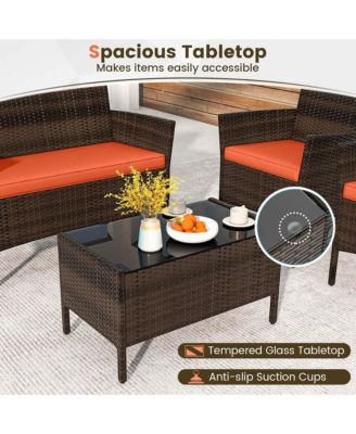 4 Pc. Patio Furniture Set with Washable Cushions and Tempered Glass Coffee Table