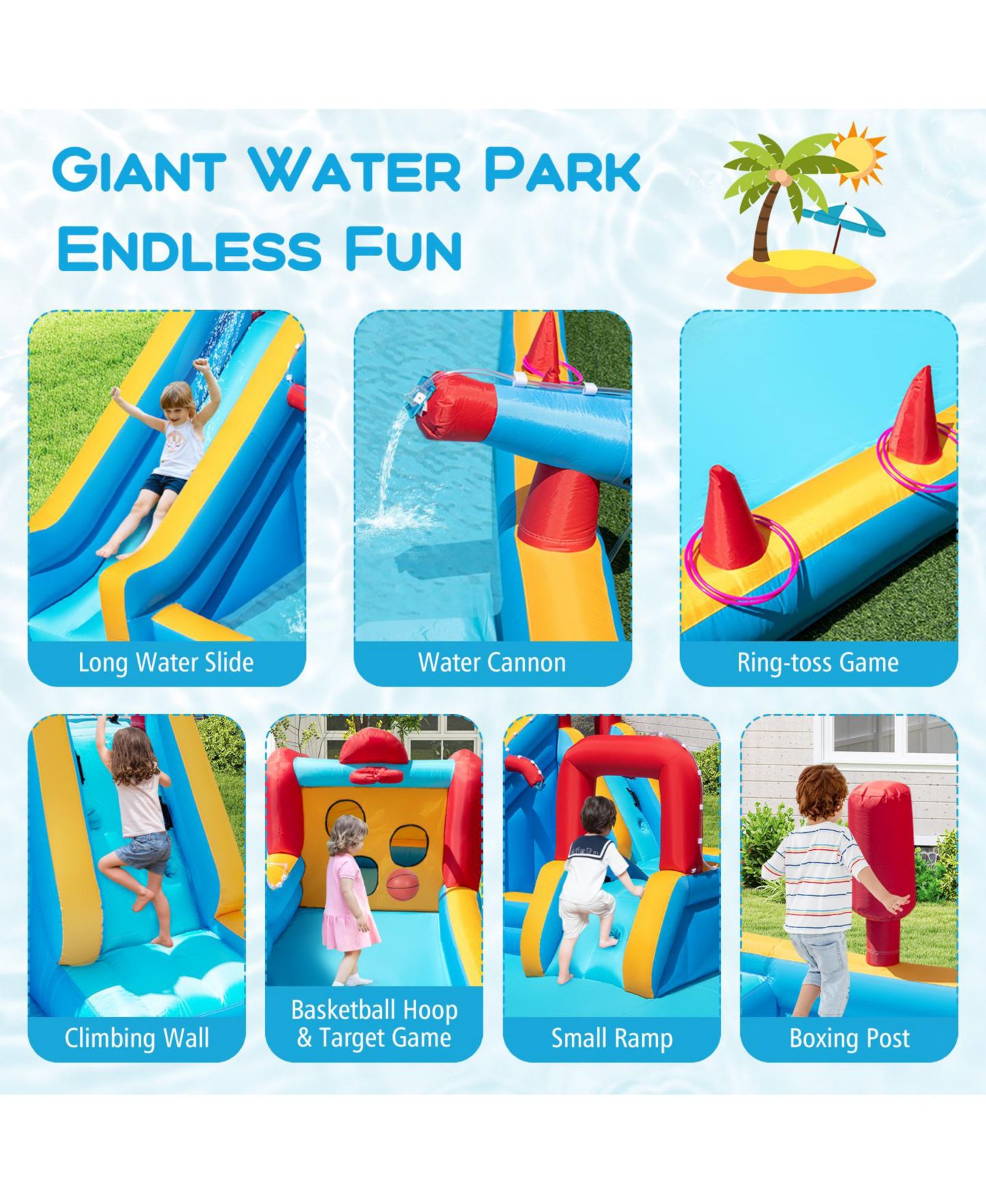 Детская игрушка Mecale 9-in-1 Inflatable Water Slide Park Bounce House, Holds 5 Kids, Ages 3–12, цвет: Синий — фото 8
