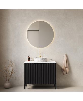 30" Bathroom Vanity with Round Ceramic Sink, Carrara Stone Countertop, 2 Soft Close Doors, Modern Freestanding Storage-Sillysis