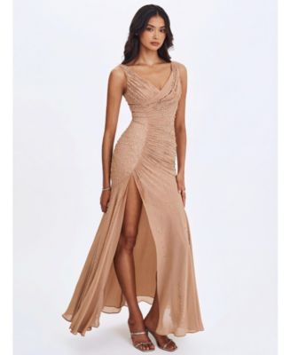 Women's Viveca Apricot Crystal-Embellished Asymmetrical Ruched Maxi Dress