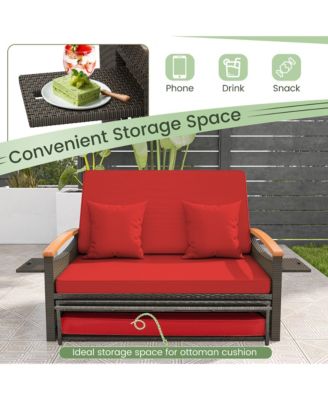 Patio Rattan Daybed Set w/ Cushioned Loveseat and Storage Ottoman