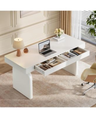 White Desk with Drawers, 63-Inch Modern Executive Office Desk, Glossy Elegant Work Study Desk Writing Table for Home Office