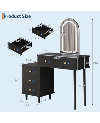 Modern Wood Makeup Vanity Desk with Adjustable Lighted Mirror, Drawers and Cabinet