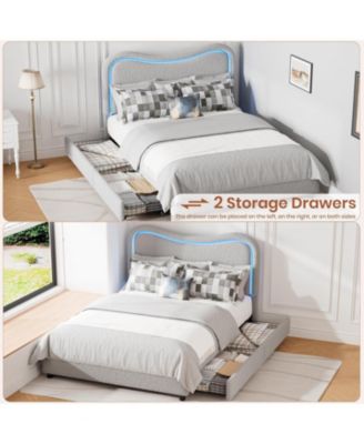 Full Size LED Bed Frame with 2 Drawers and Headboard Cute Upholstered Bed Storage Sturdy Platform No Box Spring Grey