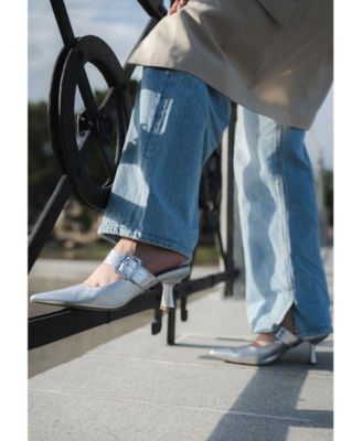 Womens Bismi Large Buckle Kitten Heel Mules